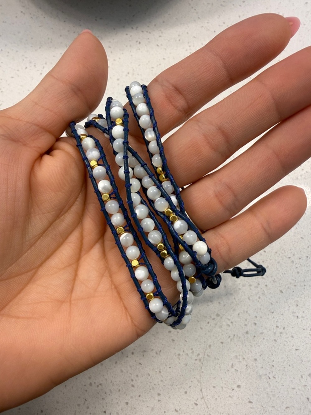 Victoria Emerson Navy Blue White Gold Beaded Wrap Bracelet